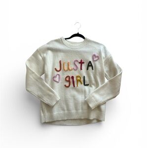 White 'Just A Girl' Sweater with Crochet Detailing